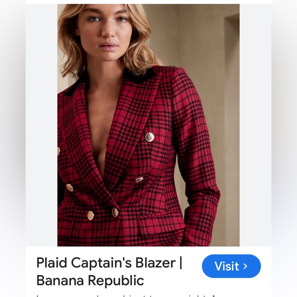 Banana Republic 100% Wool Plaid Captain’s Blazer w/ Gold Tone Buttons P2P 18 in.